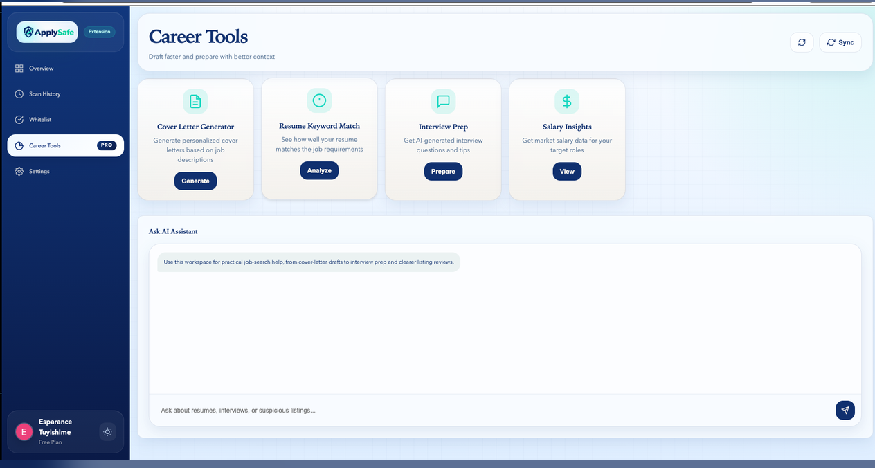 ApplySafe career tools screen with cards for cover letter generator, resume keyword match, interview prep, and salary insights, plus an Ask AI Assistant panel.